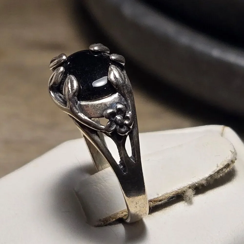 Floral Black vintage sterling silver ring sz 7 - Picture 3 of 6